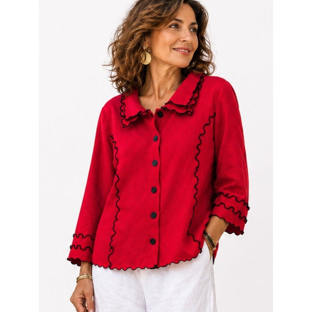 Chalet Womens SIze X-Large Red Frilly Artsy Cardigan Sweater French Rosettes